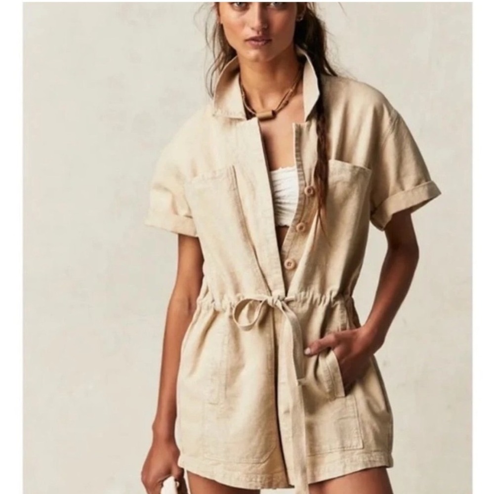 FREE PEOPLE Rhodes Chino Coverall Tan Short-Sleeve Romper Size Large